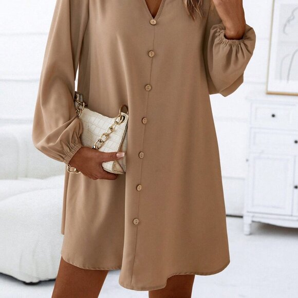 Khaki Casual Women's Notched Neckline Lantern Sleeve Dress - Picture 4 of 6